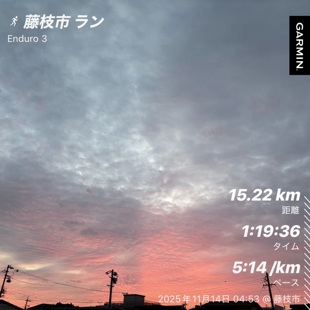 皆さんこんにちは！

鍼灸師ランナーの井上です。

今日から日曜日は追い込み期間！
走り込む期間に昨夜決めて1日目！！

完遂！

早朝の気温は本当にちょうど良い( ◠‿◠ )
そこまで寒くないのでとても走りやすい！
走り込みにはもってこいです。

暗いのでそのところの注意・対策は必須です。

1・2日目は15km

3日目は30km

ペースはキロ5分〜5分30秒！

12月のKGR 130k

1月の勝田マラソンを控えている。

このセットを12月の頭にも行う予定Σ(‘◉⌓◉’)

さぁ〜２・3日目どうなるか？

楽しみですね。

身体を動かすにはとても良い時期ですので
散歩とかどうですか？
紅葉を見に行くのもいいと思います。

今週末は天気もいいので元気に楽しく過ごしてください。